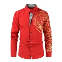 Ризи за копче за мъже редовно прилягане на моден печат с дълъг ръкав ревера горна риза Небрежна стилна личност удобни тениски червено m