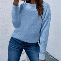 Топс на пуловер за жени- свободно време горен пуловер с дълъг ръкав пуловер топъл удобни плетени върхове солидни върхове на шията на екипажа синьо