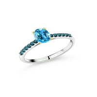 Gem Stone King 1. Ct Swiss Blue Topaz Blue Diamond 10K бял златен пръстен с жълто злато