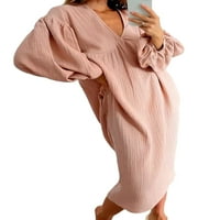 Niuer дами спално облекло твърд цвят пижама рокли с дълъг ръкав midi рокля удобно v врат розово m