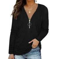 Есенни ежедневни ризи за жени с дълъг ръкав V-образно вещество солидна блуза с цип есен пуловер черен m