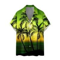 Хавайски ризи за мъже свободни годни тропически палмово дърво залез печат с къс ръкав бутон надолу кубинска яка риза блуза лятна ваканция стил Tee Top Green S