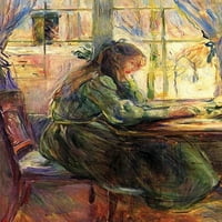 Младо момиче, което пише на прозорец и на печат на плакати от маса от Berthe Morisot