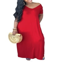 Abtel Plain тениска рокля за жени V Neck Maxi Ressing Summer Sundress Loose Fit Кратък ръкав Плажна рокля Червено 4XL