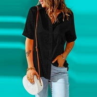 Облечени върхове за жени приляга на мода ежедневни къси ръкави твърди цветна яка за ревера единична риза с гърди отгоре дами горни черни s