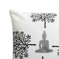 Възглавница за хвърляне на квадратна памучна памук; Медитиране на Буда; Печат на дърво; Бяло; Черно;