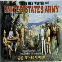 Набиране на САЩ, 1900 г. NSPANISH-AMERICAN WAR ERA AMRY ARMY ARMITING POSTIRE, C1900, обещаващо пътуване и добро заплащане. Печат на плакат от