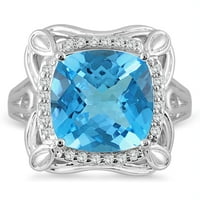Възглавница на женски карат отряза синьо топаз и диамантен пръстен в 10K бяло злато