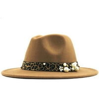 Шапка с широка кратка панама шапка с леопардов колан и перлен декор за мъже жени