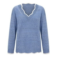 Dtydtpe пуловери за жени, женски моден ежедневен тънък прилягане на ивица с дълъг ръкав с v-образно плетено пуловер върхове дамски върхове с дълъг ръкав сини сини