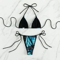 Qcmgmg bikinis за жени с нисък възход пеперуда печат на връв към върха Две бански костюми Thong Triangle Bouthing Suit s