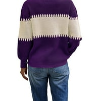 Delou женски цветна плетена пуловер пуловер с дълъг ръкав в шията на шията свободен пуловер отгоре