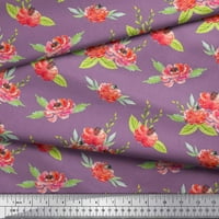 Soimoi Purple Japan Crepe Satin Leves Leaves & Peony Floral Print Sewed Fabric Wide Yard