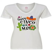 Inktastic Happy Cinco de Mayo-Sombrero, кактус, цветя женски тениска с V-образно деколте