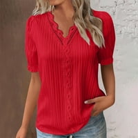Дамски върхове блуза солидна къса ръкав ежедневни дами лято V-образни модни червени s
