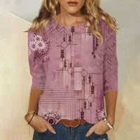 Дамски плюс размер ретро флорален принт Лятна есенни върхове ръкав Екипаж Тениска тениска облечена ежедневна свободна тениска блуза три четвърти ръкави ризи розови xxxl