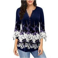Есен женски ежедневен ръкав флорален принт Henley V-образна тениска разхлабена прилепнала плисирана корсетна туника върхове за копче блуза лилаво m