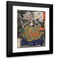 Tsukioka Yoshitoshi Black Modern Framed Museum Art Print, озаглавен - Kurokumo Oji, нападнат от гигантски паяк