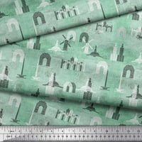 Soimoi Green Poly Georgette Fabric Text & Monument