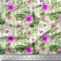 Soimoi Purple Poly Georgette Fabric Tropical Leaves, Stripe & Floral Print Fabric по двор