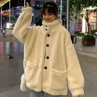 EcqKame ​​Женски сладък сърдечен модел отпечатан пуловер Небрежен екипаж с дълъг ръкав плетен пуловер джъмпер свободен год
