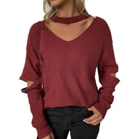 Женски V Neck Zipper Cowl Knit Plet пуловер за есен или зимни пуловери за жени пуловер с пуловер XL XL