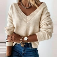 Женски дълъг ръкав с v-образно деколте пуловер памучен кашмир свободен плетен пуловер