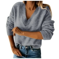 Женски дълъг ръкав с v-образно деколте пуловер памучен кашмир свободен плетен пуловер