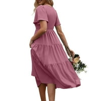 Женски летен ежедневен къс ръкав v Врат, пушена еластична рокля с дължина на коляното с дължина на коляното, розово, xxl