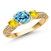 Gem Stone King 18k жълто злато, покрито сребро швейцарско синьо топаз жълт сапфир и бял мосанитен годежен пръстен за жени