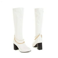 Juebong Boots Deals жени обувки на висок ток Небрежна зимна лъскава перлена верига твърд цвят заострен пръст страничен цип коляно високи ботуши