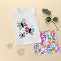 Летни момичешки дрехи костюм сладък пеперуда цветна печат детски късо ръкав две плетен памучен екипаж в врата на тениска на тениски летни дрехи