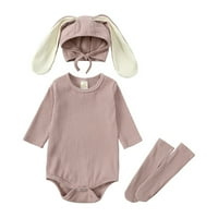 Бебета момчета момичета зайчета тоалети оребрени боди ром с дълъг зайче за зайче уши шапка чорапи дрехи комплект лък облекло