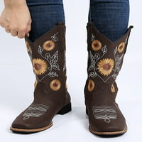 Woobling Ladies Sunflower Print Mid Calf Boots Slip on Daily Wear Hunky Heel High Boot