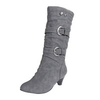 Symoid Womens Mid-Calf Boots-Ботуши Зимни топли средни пети Модни плъзгащи се приплъзване на колан с колан за средни телета Небрежни обувки Сиво 43