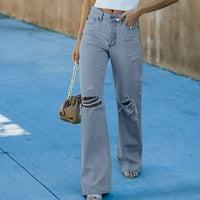 Атлетически работи женски панталони дънки мода солиден цвят деним покети дупка ежедневни ресни с цип дънки панталони разпространени светлосини размери s