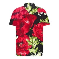 Мъжки хавайска риза Голяма и висока обикновена форма на къси ръкави реколта цветна отпечатана бутон v шия лятна плажна рокля памук тениски с тениски червен xl
