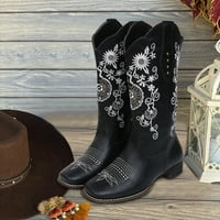 Sngxgn Square Toe Cowboy Boots за жени модерни точки с ниска пета женски ботуши, черни, размер 41
