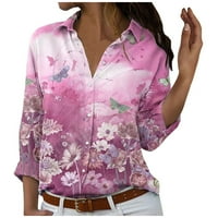 Ризи за копче за жени елегантни ежедневни облечени пеперуди графични върхове Модерни ревери флорални блуза с дълъг ръкав