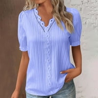 Дамски върхове с къс ръкав твърда блуза ежедневни ризи V-образни летни сини 5xl
